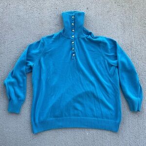 Vintage Ralph Lauren Blue ribbed Mock Neck Button Sweater Coastal Preppy gold